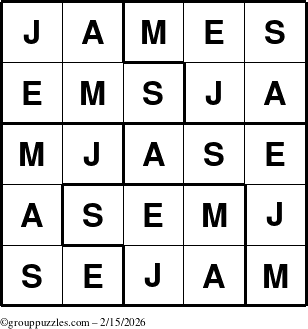 The grouppuzzles.com Answer grid for the James puzzle for Sunday February 15, 2026