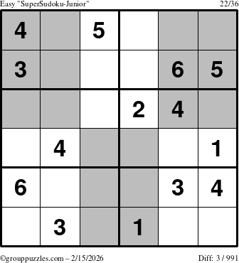 The grouppuzzles.com Easy SuperSudoku-Junior puzzle for Sunday February 15, 2026
