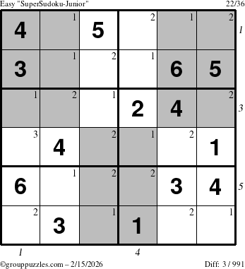 The grouppuzzles.com Easy SuperSudoku-Junior puzzle for Sunday February 15, 2026, suitable for printing, with all 3 steps marked
