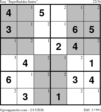 The grouppuzzles.com Easy SuperSudoku-Junior puzzle for Sunday February 15, 2026 with the first 3 steps marked