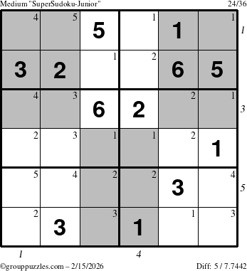 The grouppuzzles.com Medium SuperSudoku-Junior puzzle for Sunday February 15, 2026, suitable for printing, with all 5 steps marked