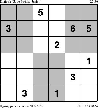 The grouppuzzles.com Difficult SuperSudoku-Junior puzzle for Sunday February 15, 2026