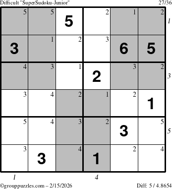 The grouppuzzles.com Difficult SuperSudoku-Junior puzzle for Sunday February 15, 2026 with all 5 steps marked
