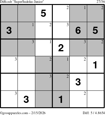 The grouppuzzles.com Difficult SuperSudoku-Junior puzzle for Sunday February 15, 2026 with the first 3 steps marked