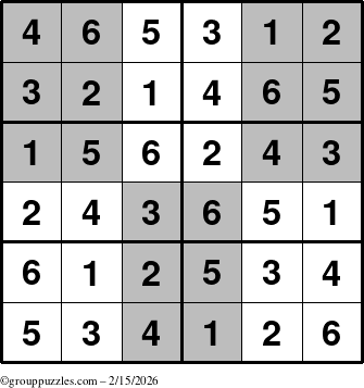 The grouppuzzles.com Answer grid for the SuperSudoku-Junior puzzle for Sunday February 15, 2026