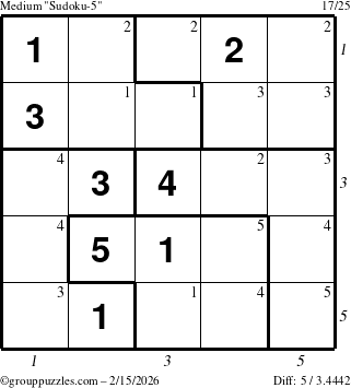 The grouppuzzles.com Medium Sudoku-5 puzzle for Sunday February 15, 2026 with all 5 steps marked