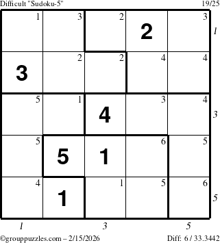 The grouppuzzles.com Difficult Sudoku-5 puzzle for Sunday February 15, 2026, suitable for printing, with all 6 steps marked