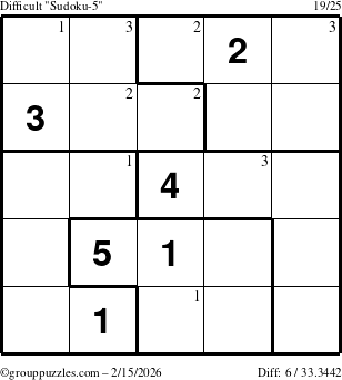 The grouppuzzles.com Difficult Sudoku-5 puzzle for Sunday February 15, 2026 with the first 3 steps marked