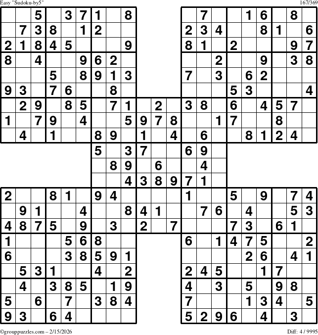 The grouppuzzles.com Easy Sudoku-by5 puzzle for Sunday February 15, 2026