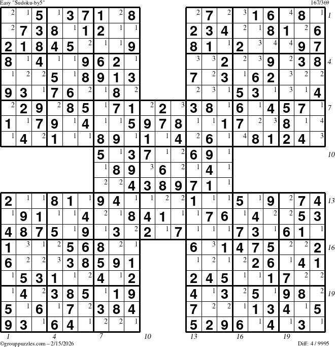 The grouppuzzles.com Easy Sudoku-by5 puzzle for Sunday February 15, 2026 with all 4 steps marked