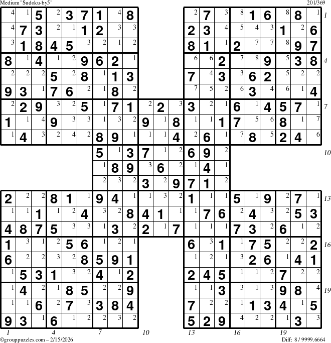 The grouppuzzles.com Medium Sudoku-by5 puzzle for Sunday February 15, 2026, suitable for printing, with all 8 steps marked
