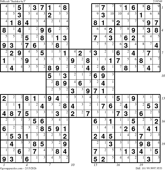 The grouppuzzles.com Difficult Sudoku-by5 puzzle for Sunday February 15, 2026 with all 10 steps marked