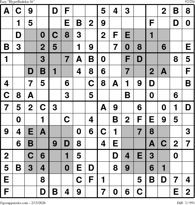 The grouppuzzles.com Easy HyperSudoku-16 puzzle for Sunday February 15, 2026