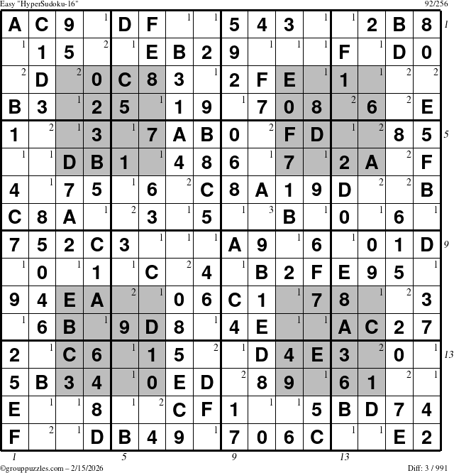 The grouppuzzles.com Easy HyperSudoku-16 puzzle for Sunday February 15, 2026 with all 3 steps marked