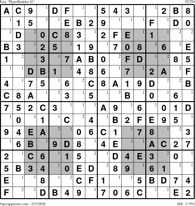 The grouppuzzles.com Easy HyperSudoku-16 puzzle for Sunday February 15, 2026 with the first 3 steps marked