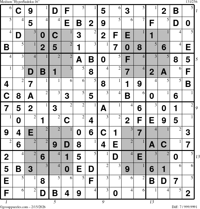 The grouppuzzles.com Medium HyperSudoku-16 puzzle for Sunday February 15, 2026, suitable for printing, with all 7 steps marked