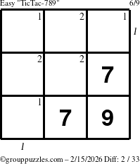 The grouppuzzles.com Easy TicTac-789 puzzle for Sunday February 15, 2026, suitable for printing, with all 2 steps marked
