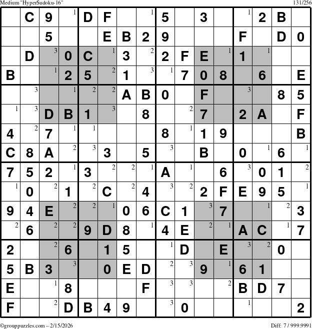 The grouppuzzles.com Medium HyperSudoku-16 puzzle for Sunday February 15, 2026 with the first 3 steps marked