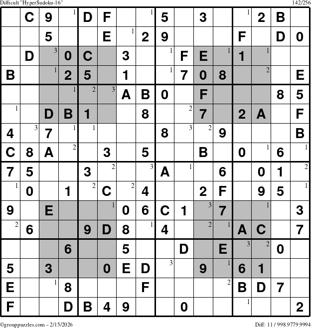 The grouppuzzles.com Difficult HyperSudoku-16 puzzle for Sunday February 15, 2026 with the first 3 steps marked
