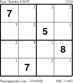 The grouppuzzles.com Easy Sudoku-4-5678 puzzle for Wednesday February 18, 2026 with the first 3 steps marked