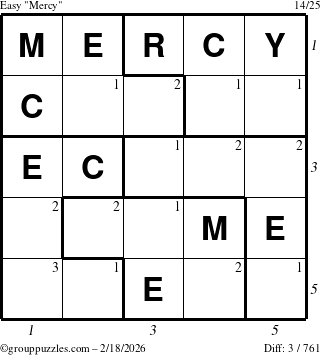 The grouppuzzles.com Easy Mercy puzzle for Wednesday February 18, 2026, suitable for printing, with all 3 steps marked