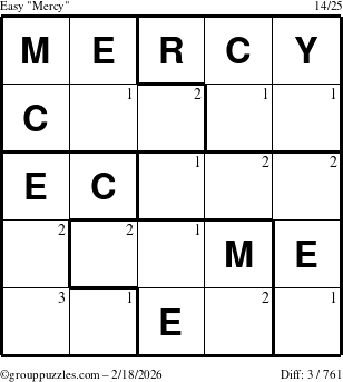 The grouppuzzles.com Easy Mercy puzzle for Wednesday February 18, 2026 with the first 3 steps marked