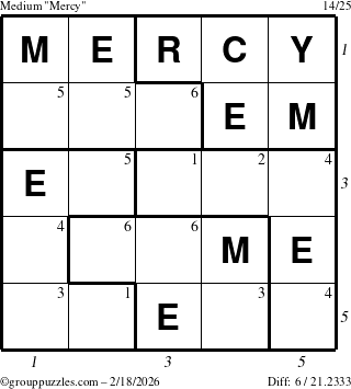 The grouppuzzles.com Medium Mercy puzzle for Wednesday February 18, 2026, suitable for printing, with all 6 steps marked