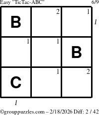 The grouppuzzles.com Easy TicTac-ABC puzzle for Wednesday February 18, 2026, suitable for printing, with all 2 steps marked