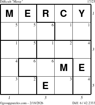 The grouppuzzles.com Difficult Mercy puzzle for Wednesday February 18, 2026 with all 6 steps marked