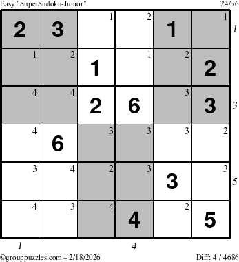 The grouppuzzles.com Easy SuperSudoku-Junior puzzle for Wednesday February 18, 2026, suitable for printing, with all 4 steps marked