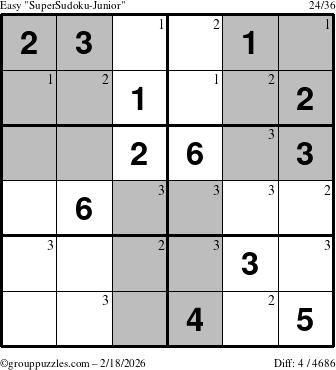 The grouppuzzles.com Easy SuperSudoku-Junior puzzle for Wednesday February 18, 2026 with the first 3 steps marked