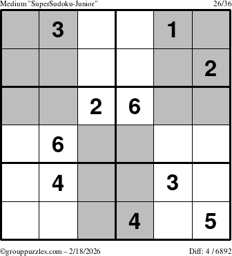 The grouppuzzles.com Medium SuperSudoku-Junior puzzle for Wednesday February 18, 2026