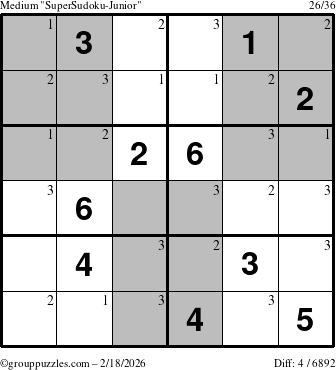 The grouppuzzles.com Medium SuperSudoku-Junior puzzle for Wednesday February 18, 2026 with the first 3 steps marked
