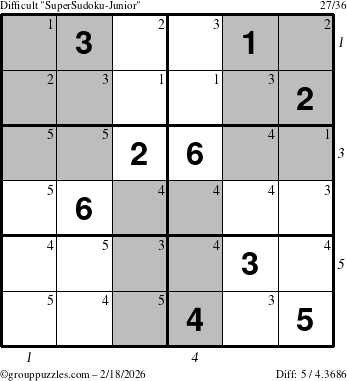 The grouppuzzles.com Difficult SuperSudoku-Junior puzzle for Wednesday February 18, 2026, suitable for printing, with all 5 steps marked