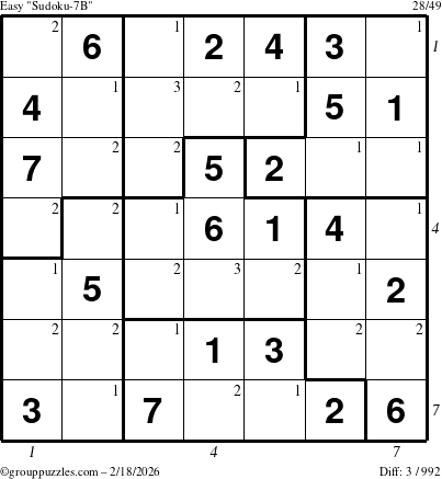 The grouppuzzles.com Easy Sudoku-7B puzzle for Wednesday February 18, 2026 with all 3 steps marked
