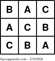 The grouppuzzles.com Answer grid for the TicTac-ABC puzzle for Wednesday February 18, 2026