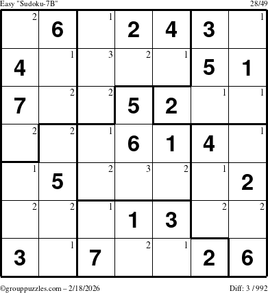 The grouppuzzles.com Easy Sudoku-7B puzzle for Wednesday February 18, 2026 with the first 3 steps marked