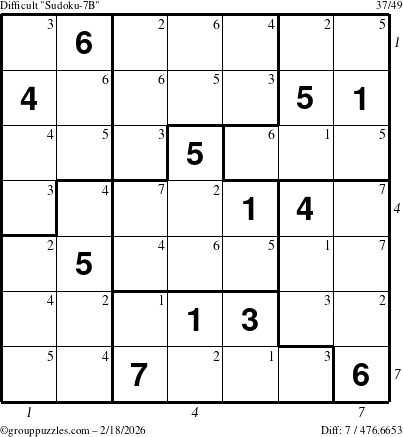 The grouppuzzles.com Difficult Sudoku-7B puzzle for Wednesday February 18, 2026 with all 7 steps marked