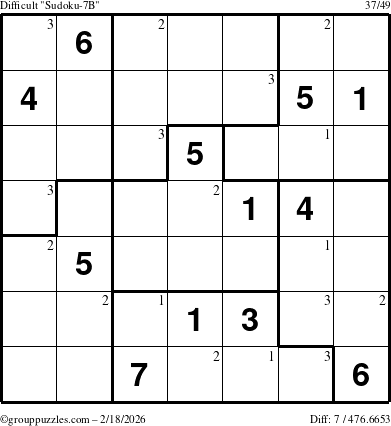 The grouppuzzles.com Difficult Sudoku-7B puzzle for Wednesday February 18, 2026 with the first 3 steps marked