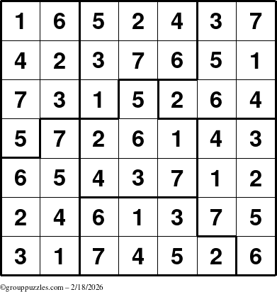 The grouppuzzles.com Answer grid for the Sudoku-7B puzzle for Wednesday February 18, 2026
