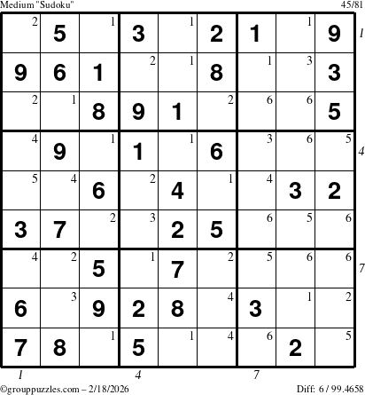 The grouppuzzles.com Medium Sudoku puzzle for Wednesday February 18, 2026, suitable for printing, with all 6 steps marked