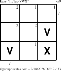 The grouppuzzles.com Easy TicTac-VWX puzzle for Wednesday February 18, 2026 with all 2 steps marked