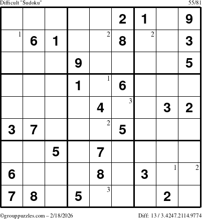 The grouppuzzles.com Difficult Sudoku puzzle for Wednesday February 18, 2026 with the first 3 steps marked