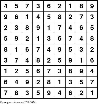 The grouppuzzles.com Answer grid for the Sudoku puzzle for Wednesday February 18, 2026