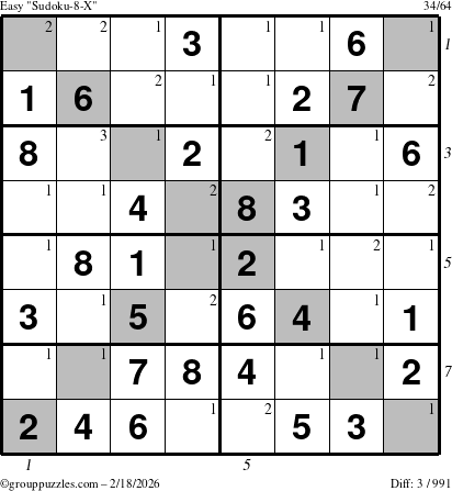 The grouppuzzles.com Easy Sudoku-8-X puzzle for Wednesday February 18, 2026 with all 3 steps marked