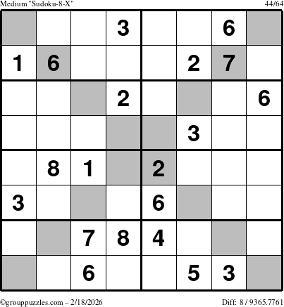 The grouppuzzles.com Medium Sudoku-8-X puzzle for Wednesday February 18, 2026