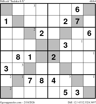 The grouppuzzles.com Difficult Sudoku-8-X puzzle for Wednesday February 18, 2026 with the first 3 steps marked