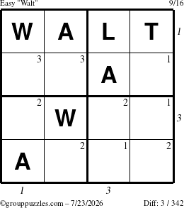 The grouppuzzles.com Easy Walt puzzle for Thursday July 23, 2026 with all 3 steps marked