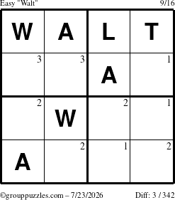 The grouppuzzles.com Easy Walt puzzle for Thursday July 23, 2026 with the first 3 steps marked