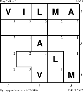 The grouppuzzles.com Easy Vilma puzzle for Thursday July 23, 2026, suitable for printing, with all 3 steps marked